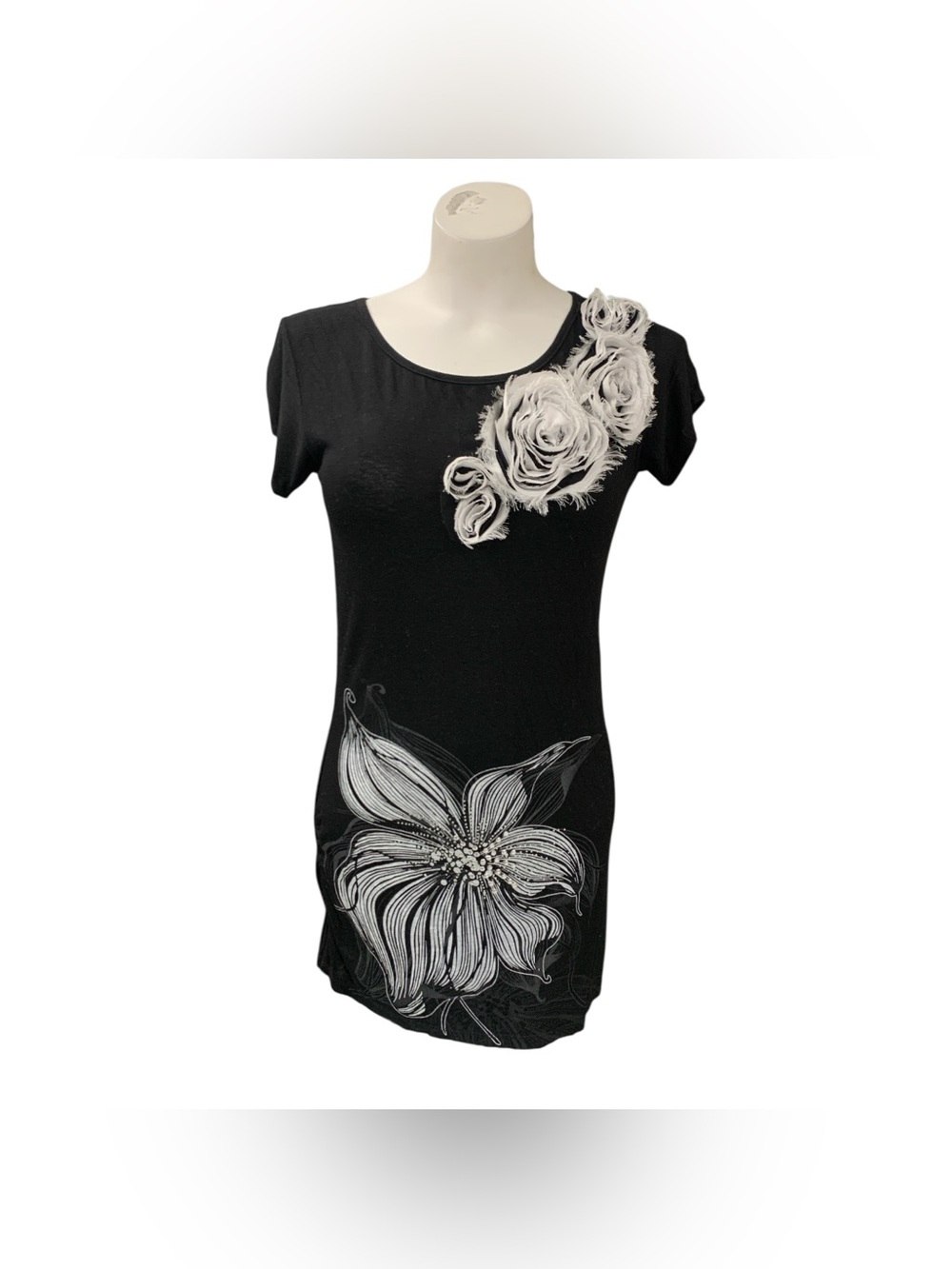 Blizz Girl Black Floral Short Sleeve Tunic Dress with 3D Rosette Detail Size M